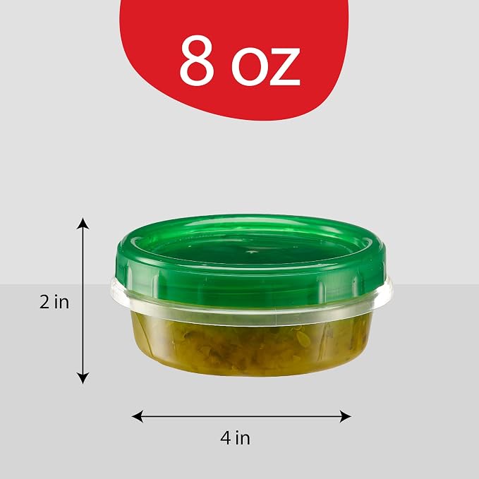 PLASTICPRO 12 Pack Twist Cap Food Storage Containers with Green Screw on Lid- 8 oz Reusable Meal Prep Containers - Freezer and Microwave Safe Green Plastic Food Storage