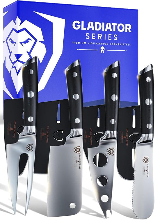 Dalstrong Charcuterie & Cheese Knife Set-4pc-Gladiator Series Elite-Mini Cleaver, Serrated,Round-Tip,Forked Cheese Knives Set-G10 Handle-Soft & Hard Cheese-Sheath-NSF Certified