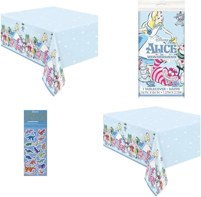 Unique Alice in Wonderland Party Supplies Bundle Pack Includes 2 Plastic Table Covers and 1 Dinosaur Sticker Sheet