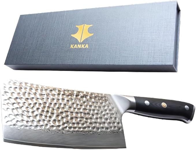 KANKA Grill 7" Damascus Steel Meat Cleaver Knife - Heavy Duty Butcher, Chopper, Razor Sharp, 67 Layers, G10 Black Fiberglass Handle, High Carbon Blade for Meat, Vegetables & Bone Cutting