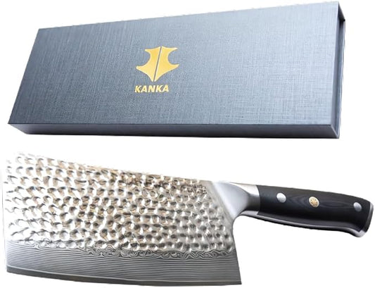 KANKA Grill 7" Damascus Steel Meat Cleaver Knife - Heavy Duty Butcher, Chopper, Razor Sharp, 67 Layers, G10 Black Fiberglass Handle, High Carbon Blade for Meat, Vegetables & Bone Cutting