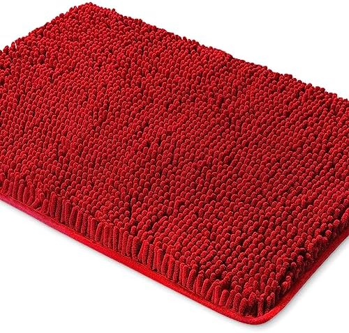 Yeaban Chenille Red Bathroom Rug 26"x44", Non-Slip Rubber Backing