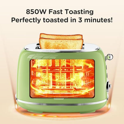Wiltal Toaster Retro 2 Slice, Vintage Green Toaster with Lid, with Bread Attachment, Preheat, Defrost And Cancel Functions, 6 Browning Levels (Green)