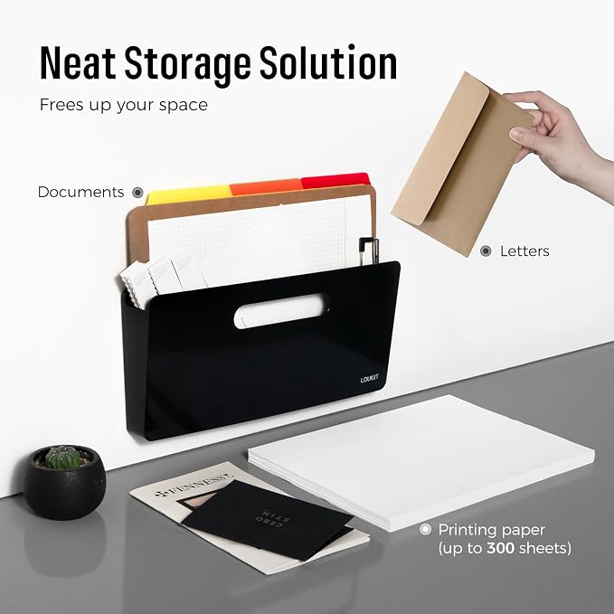 loukin Magnetic File Holder - 13"×5.9" Vertical Wall Mount Organizer for Whiteboard, Refrigerator, Office Wall, Documents, Letters (Black)
