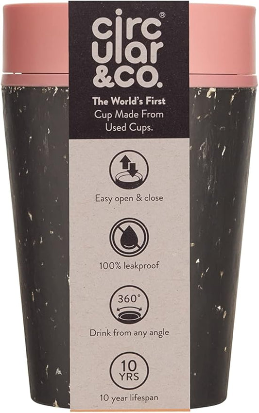 Circular and Co Leakproof Reusable Coffee Cup 8oz/227ml - The World's First Travel Mug Made from Recycled Coffee Cups, Sustainable & Insulated. (Black & Giggle Pink)