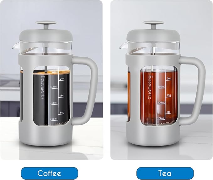 Easyworkz French Press 34 oz Coffee Tea Maker with Borosilicate Glass,Soft Grip Handle,Light Grey
