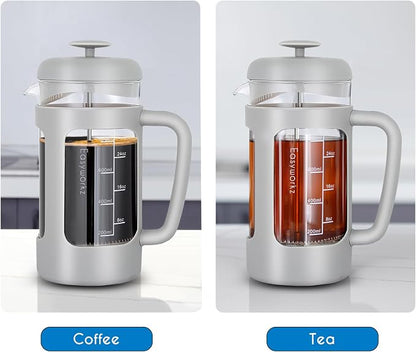 Easyworkz French Press 34 oz Coffee Tea Maker with Borosilicate Glass,Soft Grip Handle,Light Grey
