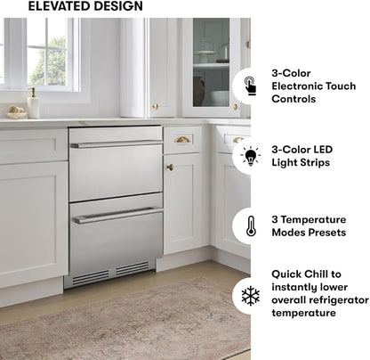 Zephyr Presrv 24 Inch Dual Zone Refrigerator Drawers Wine & Beverage Fridge, Stainless Steel Wine Cooler Home Bar Under Counter Freestanding Built In, Energy Star Certified, 5.1 Cu. Ft