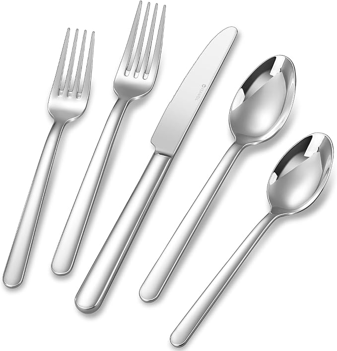 KEAWELL Premium Aline Silverware Set, 20-Piece Mirror-Polished 18/10 Stainless Steel Flatware, Dishwasher Safe for Refined Dining and Entertaining (20, Silver)