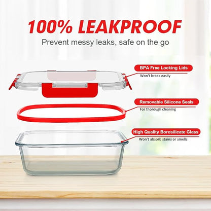 VERONES 12 Packs Glass Food Storage Containers Set, Airtight Glass Lunch Containers, Glass Meal Prep Containers with Lids,Exclusive of BPA, for Microwave, Oven, Freezer & Dishwasher Friendly,Red