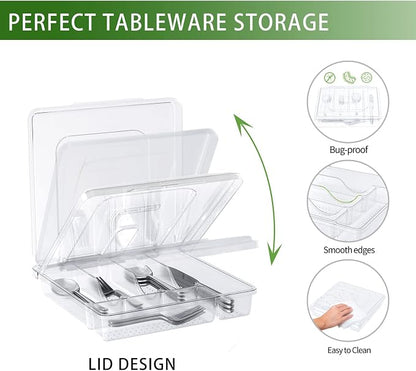 Utensil Holder for Countertop with Lid, Plastic Silverware Tray for Drawer, 5 Compartments Flatware Organizer,Transparent