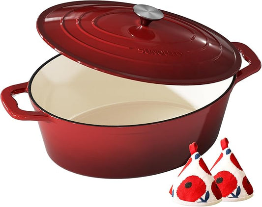 Enameled Cast Iron Dutch Oven - 9.3QT Dutch Oven Pot with Lid & Cotton Potholders - Heavy-Duty Non Stick Casserole Pot for Braising, Stews, Roasting, Baking, Suitable for All Stovetops, Cherry Red