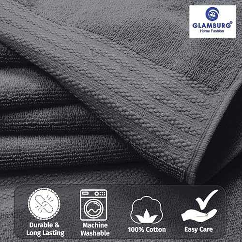 GLAMBURG Ultra Soft 8-Piece Towel Set - 100% Pure Ringspun Cotton, Contains 2 Oversized Bath Towels 27x54, Hand 16x28, 4 Wash Cloths 13x13 Ideal for Everyday use, Hotel & Spa -Charcoal Grey