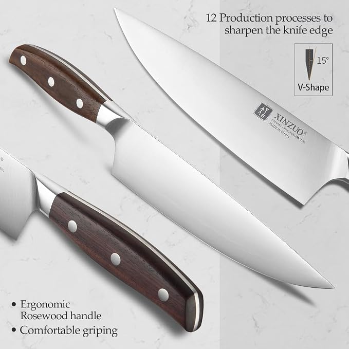 XINZUO German Stainless Steel Knife Set, 5Pcs Professional Chef Knife Sets for Chefs, Ultra Sharp,Chef Santoku Slicing Petty Paring Knife with Red Sandalwood Handle
