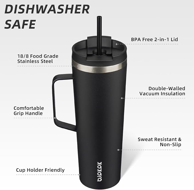 BJPKPK Insulated Tumbler with Handle, 30oz Insulated Tumblers with Lid and Straw, Stainless Steel Metal Water Bottles, Coffee Travel Mugs, Cups, Black