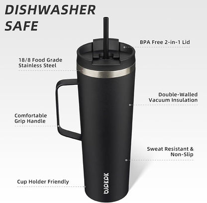 BJPKPK Insulated Tumbler with Handle, 30oz Insulated Tumblers with Lid and Straw, Stainless Steel Metal Water Bottles, Coffee Travel Mugs, Cups, Black