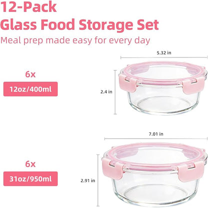 Konokyo Round Glass Food Storage Containers with Lids, 12 Pack Airtight Leakproof Meal Prep Containers, BPA-Free, Microwave Oven Freezer & Dishwasher Safe, Assorted Sizes