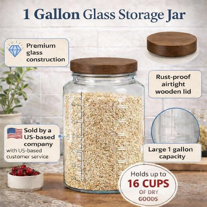 1 Gallon Glass Mason Jar with Airtight Wooden Lid, Wide Mouth Large Food Storage Container with Measurement Markings For Kitchen Pantry, Pickling, Cookies, Flour & Sugar - 2 Pack