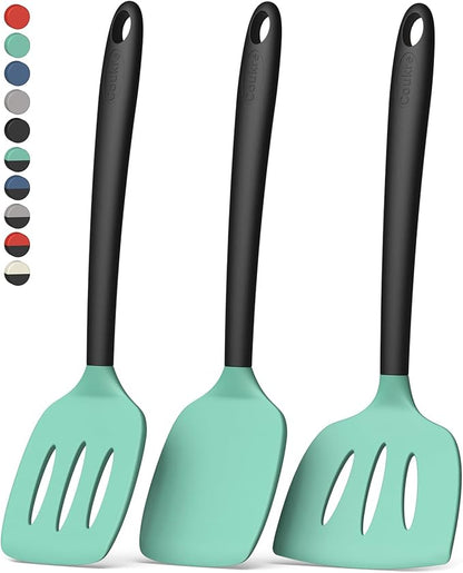 Coukre 3 Pack Silicone Spatula Set, High Heat Resistant, BPA-Free, Fish Spatula, Solid & Slotted Turner for Non-Stick Pans, Flipping Eggs, Pancakes, Fish, Burgers (3, AquaGreenBlack)