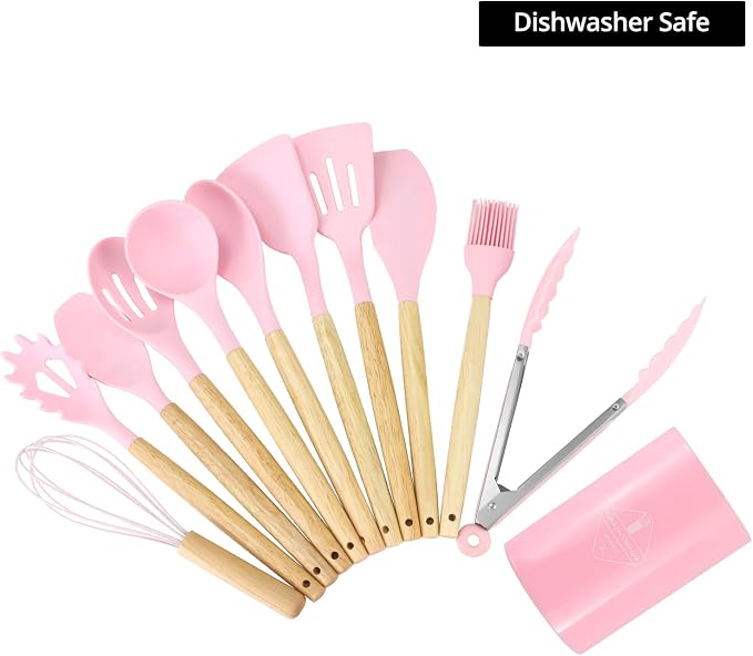 QWORK 12-Piece Pink Kitchen Tool Set - Includes Silicone Cooking Utensils, Whisk and Ladle, Tool Crock