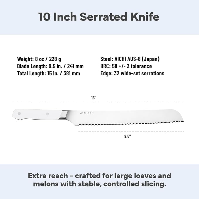 Misen Serrated Bread Knife - High-Carbon Japanese AUS8 Steel - Perfect for Soft Foods, Bread, Pastries, and Fruits - Verstatile Slicer, Razor-Sharp Edge, Durable Blade, Ergonomic Handle - 10", White