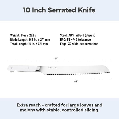 Misen Serrated Bread Knife - High-Carbon Japanese AUS8 Steel - Perfect for Soft Foods, Bread, Pastries, and Fruits - Verstatile Slicer, Razor-Sharp Edge, Durable Blade, Ergonomic Handle - 10", White