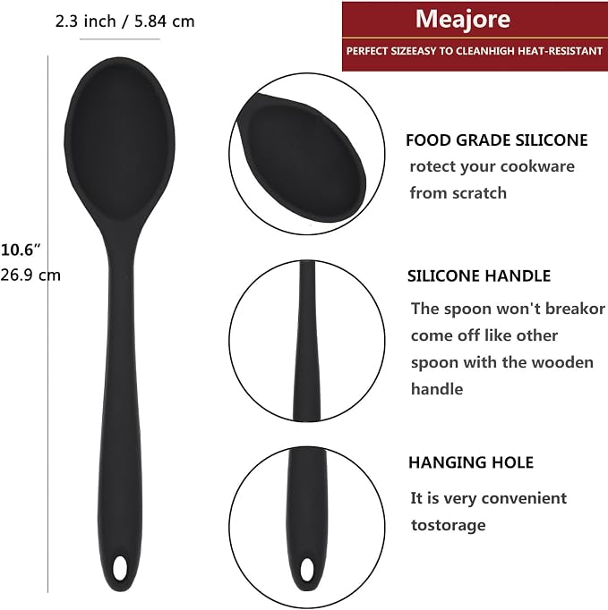 2 Pcs Silicone Spoons for Cooking Heat Resistant, Hygienic Design Cooking Utensi Mixing Spoons for Kitchen Cooking Baking Stirring Mixing Tools (Black)