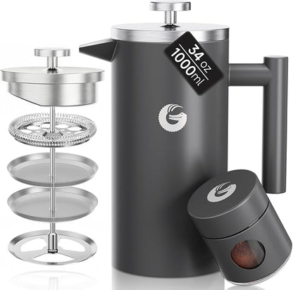 Coffee Gator 304 Grade Stainless Steel French Press Coffee Maker 34 oz, Double Wall Insulated Hot Cold Brew Teapot with 4-Level Filtration System, Include Travel Jar Canister, Kitchen, Gray