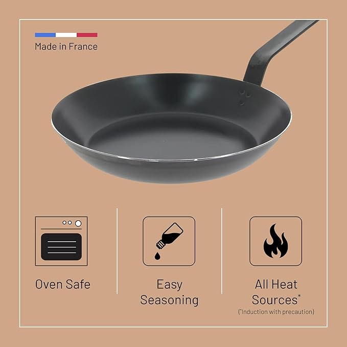 de Buyer - Blue Carbon Steel Fry Pan 2mm Thick - 11” Diameter, 8.3” Cooking Surface - Oven Safe - Naturally Non-Stick Finish - Made in France
