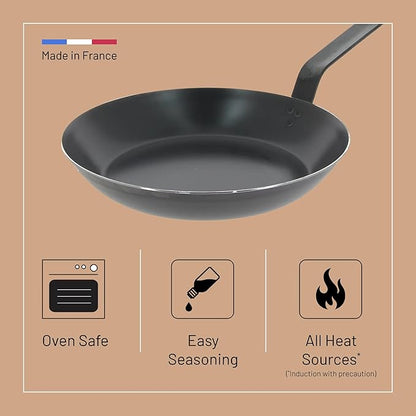de Buyer - Blue Carbon Steel Fry Pan 2mm Thick - 11” Diameter, 8.3” Cooking Surface - Oven Safe - Naturally Non-Stick Finish - Made in France