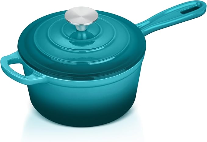 1 Quart Cast Iron Saucepan, Leonyo Enameled Sauce Pan with Lid, Enamel Cast Iron Dutch Oven Cooking Stock Pots and Pan Set Kitchen Cookware Appliances for All Cooktops - Up to 500°F, Lake Green