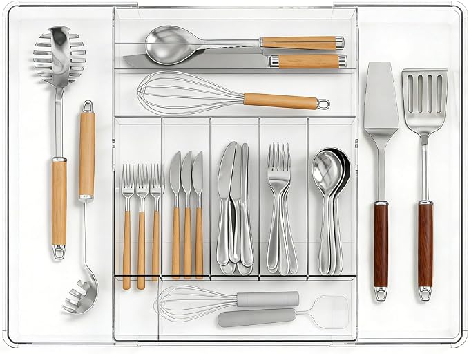 Expandable Silverware Organizer for Drawer, Clear Acrylic Utensil Organizer with Adjustable Compartments, Large Kitchen Drawer Organizer Tray for Cutlery, Flatware & Utensils Storage