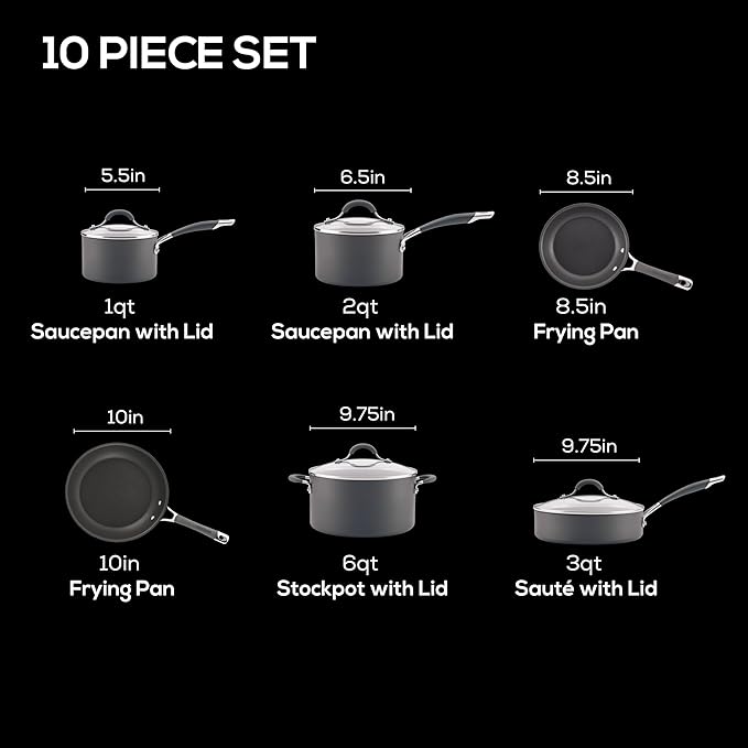 Circulon Radiance Hard-Anodized Nonstick Cookware Set, Kitchen Pots and Pans Set, 10-Piece, Gray