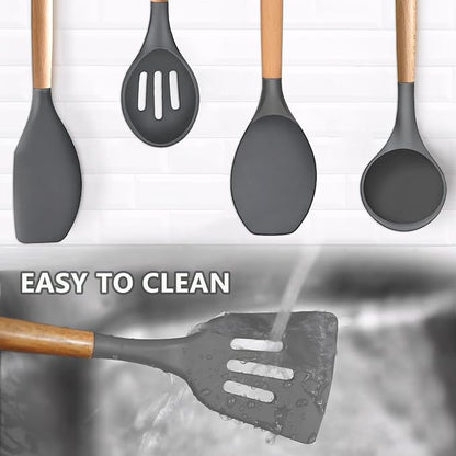Silicone Cooking Utensils Set 5-Piece Non-Stick Kitchen Utensil Set, Wood Handle Heat Resistant Spatula Spoon Turner Soup Ladle Silicone Cooking Kitchen Gadgets BPA Free for Nonstick Cookware