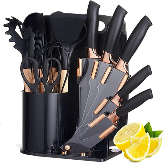 19 Pieces Kitchen Cooking Utensils and Knife Set with Holder Block, Include 11 Pcs Silicone Cooking Utensils 5 Pcs Sharp Stainless Steel Knives Scissors Whisk Tongs and Cutting Board (BLACK)