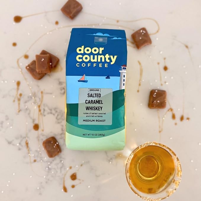 Door County Coffee Salted Caramel Whiskey Flavored Ground - 10 oz Bag - Medium Roast - 100% Specialty Arabica - Flavored Gourmet - Salted Caramel Whiskey