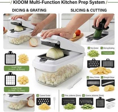 Vegetable Chopper 15 in 1 with Container – Mandoline Slicer, Onion Chopper Dicer, Food Chopper, Cheese Grater & Veggie Slicer for Kitchen Meal Prep | KIOOM