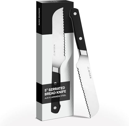 Misen Serrated Bread Knife - High-Carbon Japanese AUS8 Steel - Perfect for Soft Foods, Bread, Pastries, and Fruits - Verstatile Slicer, Razor-Sharp Edge, Durable Blade, Ergonomic Handle - 5", Black
