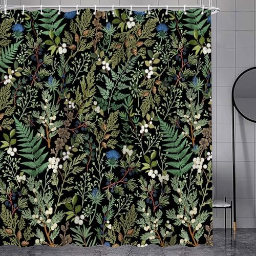 Vintage Botanical Shower Curtain, Elegant Boho Gothic Dark Green Ferns Floral Leaves Shower Curtain for Bathroom, Retro Whimsical Cottage Core Wildflower Farmhouse Curtain Bathroom Accessories 72X72
