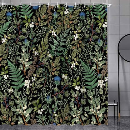 Vintage Botanical Shower Curtain, Elegant Boho Gothic Dark Green Ferns Floral Leaves Shower Curtain for Bathroom, Retro Whimsical Cottage Core Wildflower Farmhouse Curtain Bathroom Accessories 72X72