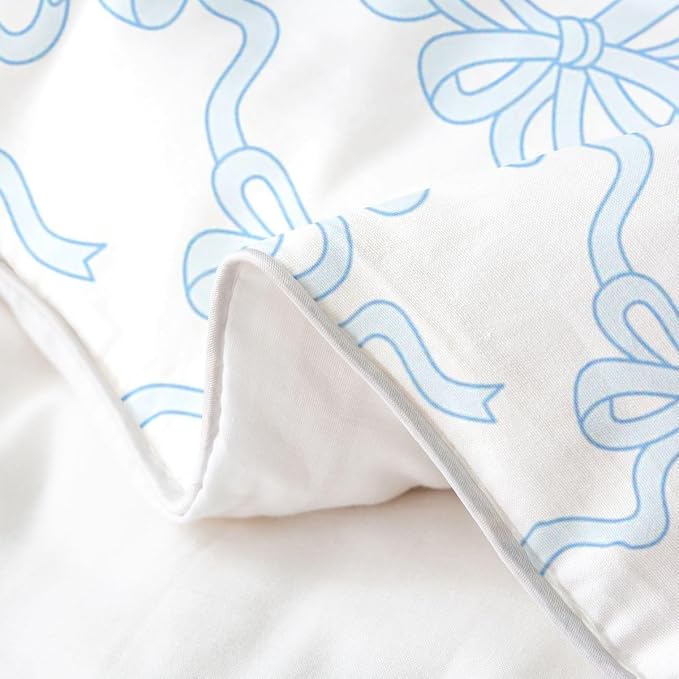Castle Fairy Full Size Duvet Cover Set Blue Bowknot Comforter Cover Set 100% Pure Cotton Coquette Bowtie Ribbon Duvet Cover Set (No Filler) Dreamy Princess Style Cute Bow Bedding Set 3 Pcs