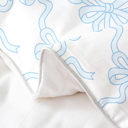 Castle Fairy Blue Bowknot 100% Cotton Duvet Cover Set Coquette Bowtie Ribbon Comforter Cover Set (Not Comforter) Dreamy Princess Style Cute Bow Bedding Set Queen Size 3 Pcs