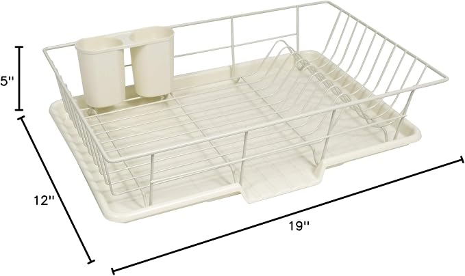 Sweet Home Collection Metal, Plasic 3 Piece Dish Drainer Rack Set with Drying Board and Utensil Holder, 12" x 19" x 5", Ivory