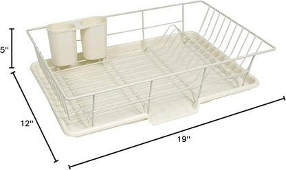 Sweet Home Collection Metal, Plasic 3 Piece Dish Drainer Rack Set with Drying Board and Utensil Holder, 12" x 19" x 5", Ivory
