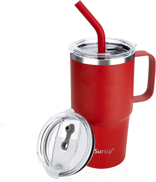 Sursip Insulated Coffee Mug with Handle and Lid, 24 oz Double Wall Vacuum Travel Thermal Coffee Tumbler with Straw for Home, Office Stainless Steel Coffee Cup - Leak proof, BPA Free(Red-1 Pack)