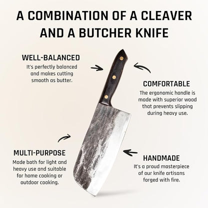 COOLINA Kapeni Butcher Knife, Handmade Forged Multipurpose Meat Cleaver Knife for Kitchen, Home and Outdoor Cooking, Rugged Blade