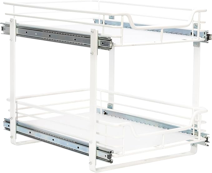 Household Essentials Glidez Multipurpose Paint-Finished Steel Pull-Out/Slide-Out Storage Organizer for Under Cabinet Use - 2-Tier Design - Fits Standard Size Cabinet or Shelf, White