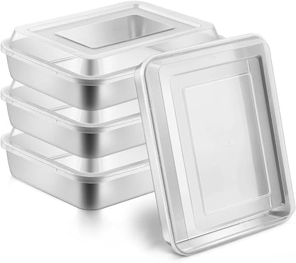 Leonyo 4 Pack Lasagna Pan with Lid, 9.3 x 7 Inch Rectangle Bakeware Cake Pan with Lid, 2 Inch Deep Stainless Steel Baking Tray Sheets for Baking Commercial Kitchen, Focaccia Bread, Casserole Dish