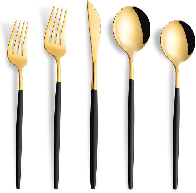 20 Piece Black Gold Silverware Set,Stainless Steel Flatware Cutlery Set Service for 4 Including Forks Spoons Knives,Utensil Set,Tableware for Home and Restaurant, Dishwasher Safe