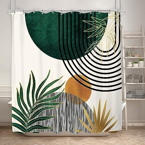 KOMLLEX Mid Century Green Boho Abstract Modern Bathroom Shower Curtain Set